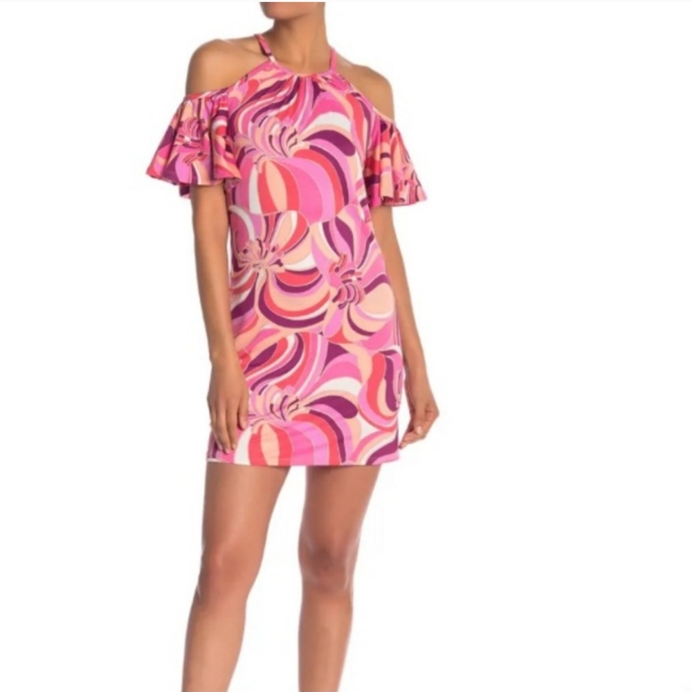 Trina Turk vibes orange and pink Viola Cold Shoulder Dress Size M Medium